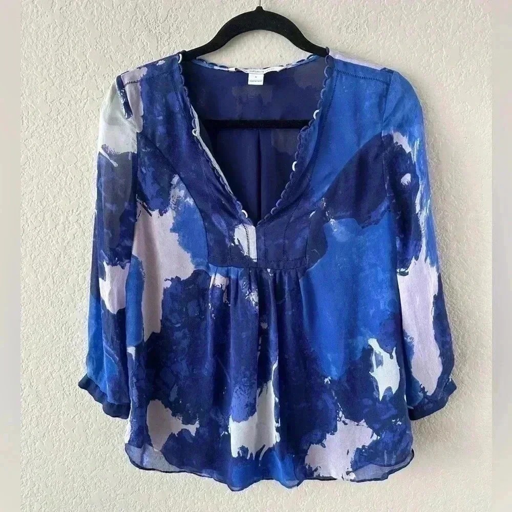 Diane von Furstenberg Blue 3/4-Sleeve Dancing Explosion Pleated Silk Blouse SZ 4